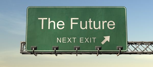 Una foto de un cartel de carretera estadounidense poniendo "The Future" "NEXT EXIT" (El futuro, siguiente salida)