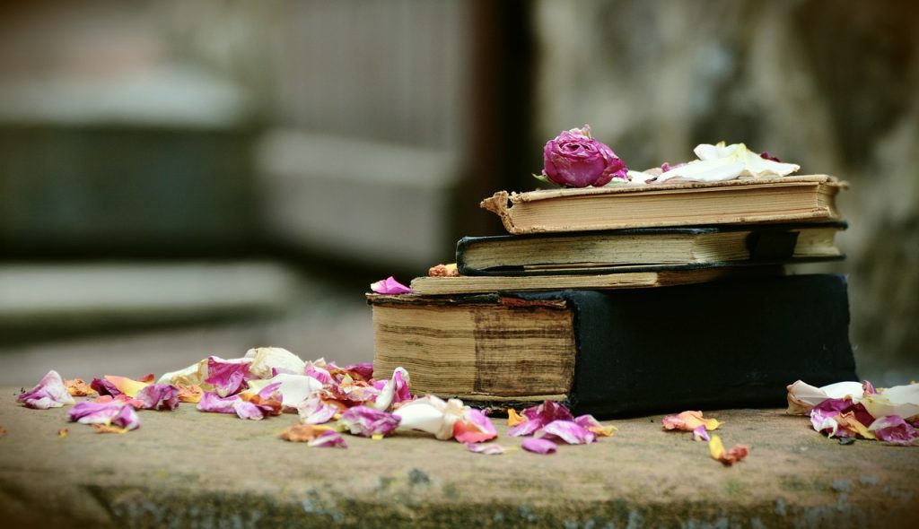 varios libros rodeados de petalos de flores