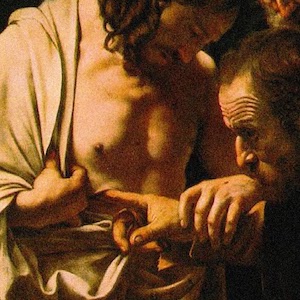 Detalle de un cuadro en el que se representa a Jesús de Nazaret resucitado y al apóstol Santo Tomás introduciendo un dedo en la herida de Jesús de Nazaret provocada por la lanza de Longinos, durante la crucifixión. 