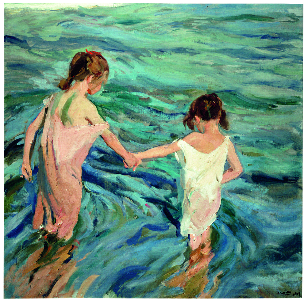 Cuadro de dos niñas, una con una coleta y la otra con dos entrando en el mar