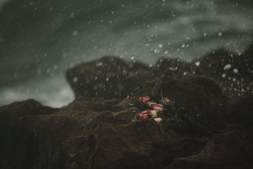 Un ramo de flores sobre las rocas de un acantilado, viéndose las olas romper en la lejanía y la lluvia cayendo. 